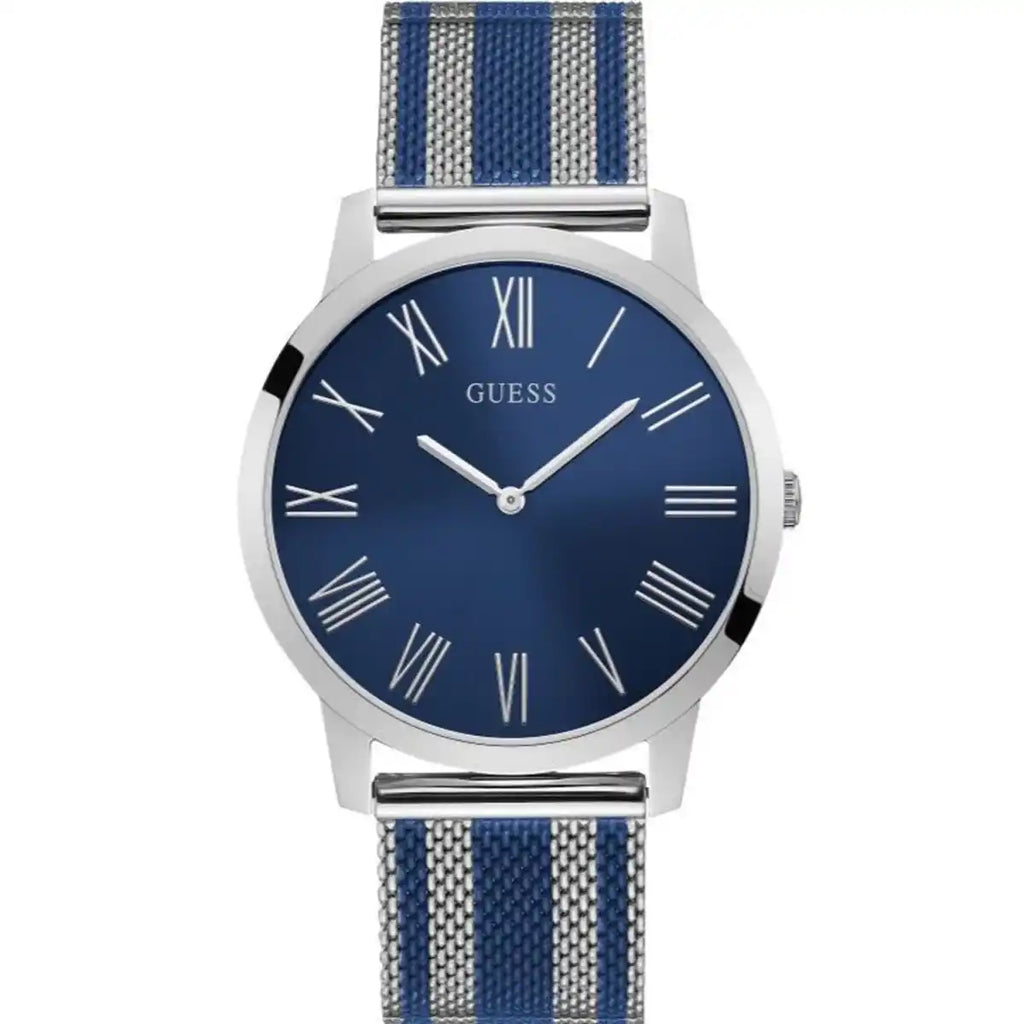 Guess W1179G1 Silver Case Blue Dial Silver Blue Striped Mesh Men's Watch