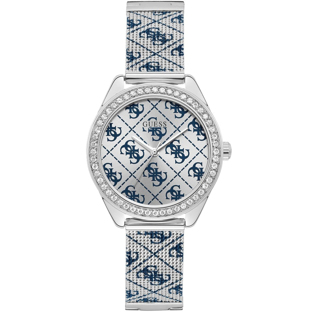 Guess Claudia W1279L1 Silver Case Crystal Bezel 4G Logo Silver Mesh Women's Watch