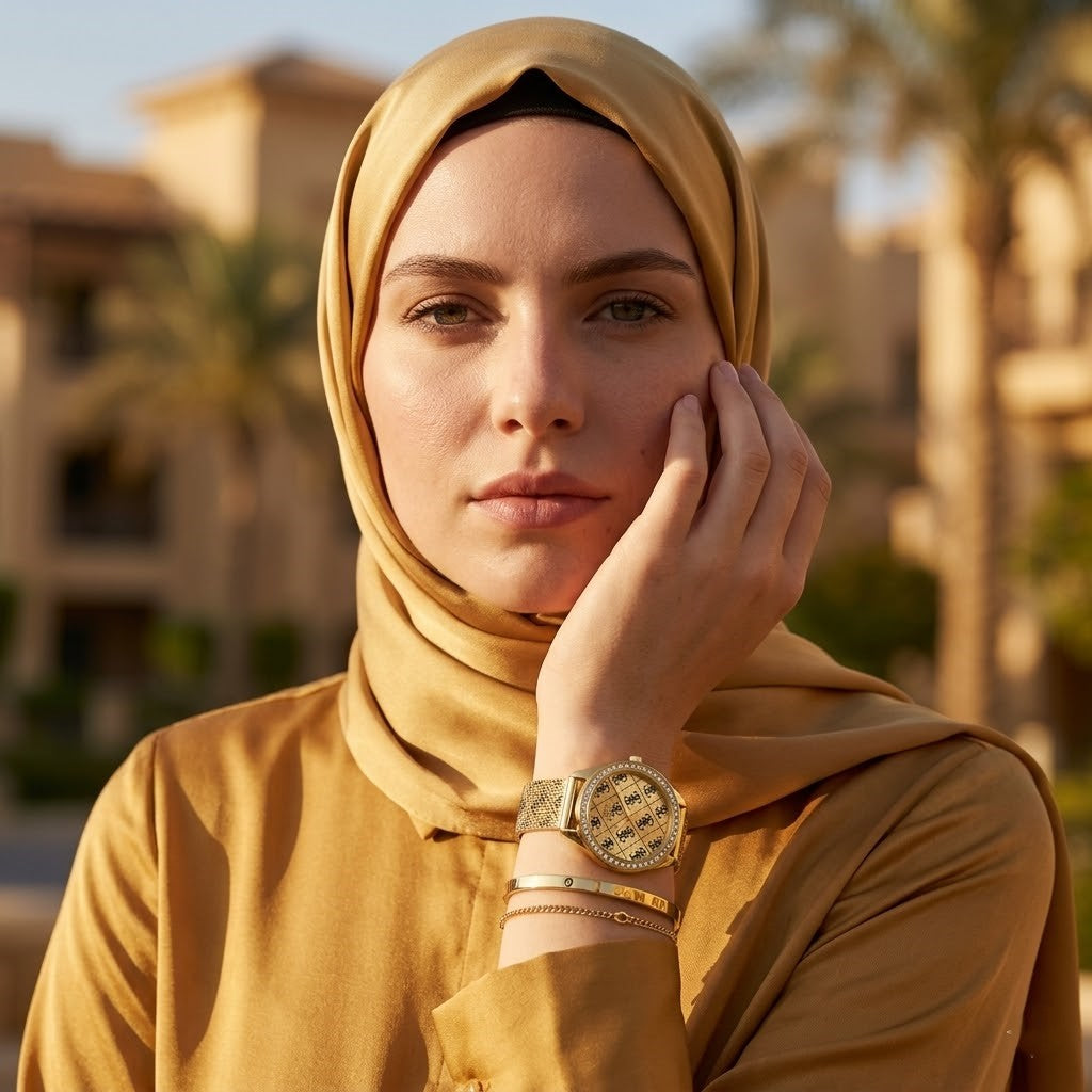ساعة يد نسائية من جاس كلوديا W1279L2 بهيكل ذهبي وإطار مرصع بالكريستال وشعار 4G وسوار شبكي ذهبي