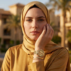 ساعة يد نسائية من جاس كلوديا W1279L2 بهيكل ذهبي وإطار مرصع بالكريستال وشعار 4G وسوار شبكي ذهبي