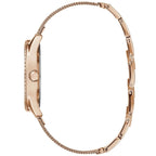 ساعة Guess Claudia W1279L3 نسائية بلون ذهبي وردي بحركة كوارتز، إطار مرصع بالكريستال وشعار 4G، سوار شبكي ذهبي وردي