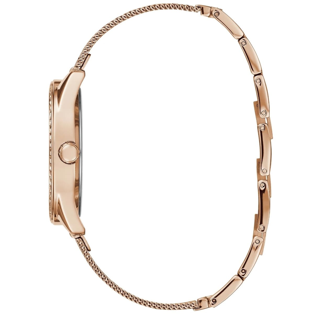ساعة Guess Claudia W1279L3 نسائية بلون ذهبي وردي بحركة كوارتز، إطار مرصع بالكريستال وشعار 4G، سوار شبكي ذهبي وردي