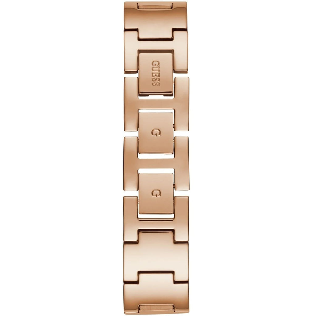 ساعة Guess Claudia W1279L3 نسائية بلون ذهبي وردي بحركة كوارتز، إطار مرصع بالكريستال وشعار 4G، سوار شبكي ذهبي وردي