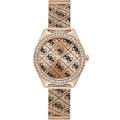 ساعة Guess Claudia W1279L3 نسائية بلون ذهبي وردي بحركة كوارتز، إطار مرصع بالكريستال وشعار 4G، سوار شبكي ذهبي وردي