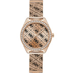 ساعة Guess Claudia W1279L3 نسائية بلون ذهبي وردي بحركة كوارتز، إطار مرصع بالكريستال وشعار 4G، سوار شبكي ذهبي وردي
