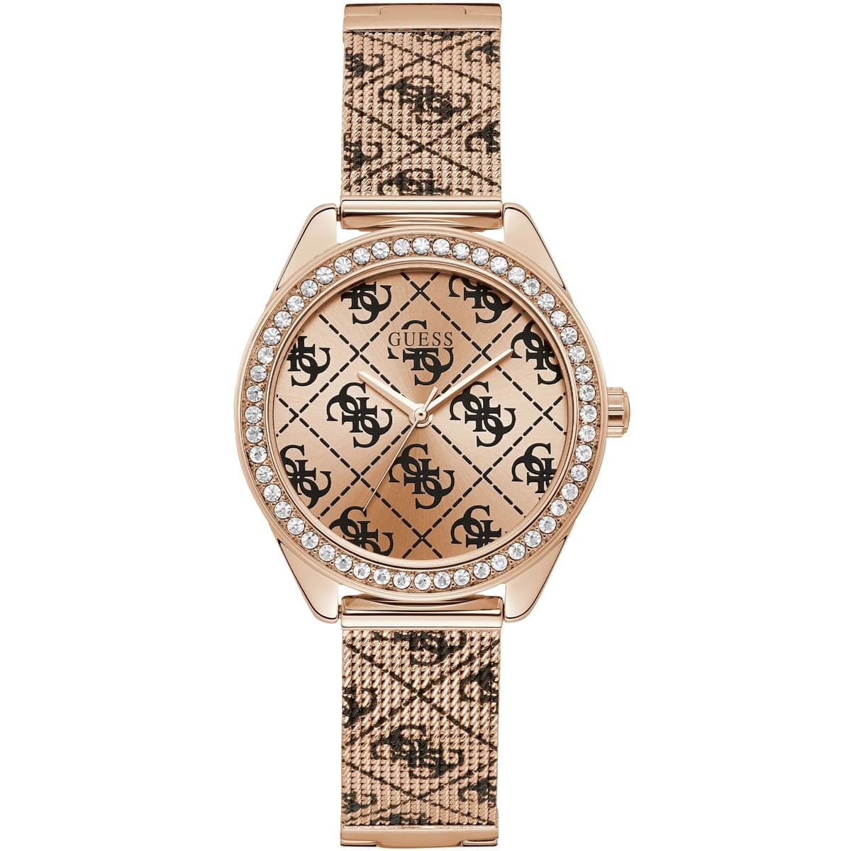 ساعة Guess Claudia W1279L3 نسائية بلون ذهبي وردي بحركة كوارتز، إطار مرصع بالكريستال وشعار 4G، سوار شبكي ذهبي وردي